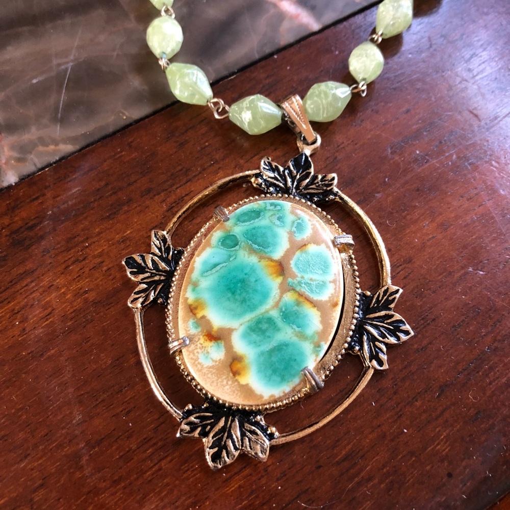 Vintage Hand Painted Necklace With Jade